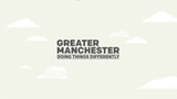 Greater Manchester Doing Things Differently logo surrounded by hand drawn white clouds on a beige background
