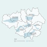 Map of Greater Manchester with shaded areas showing the six growth locations
