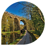 Train travelling across a viaduct